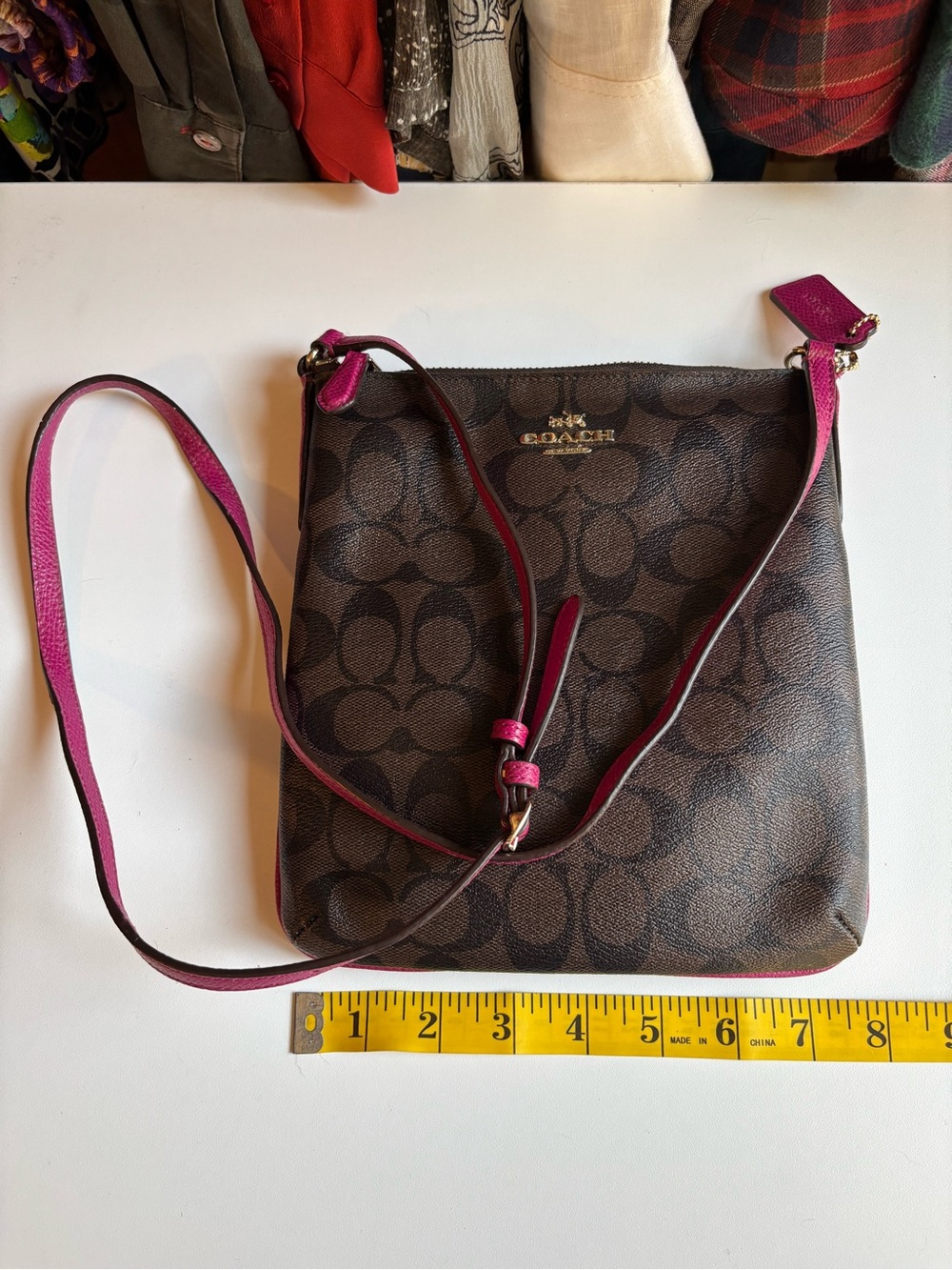 Coach Brown Signature Crossbody with Pink Strap Trim